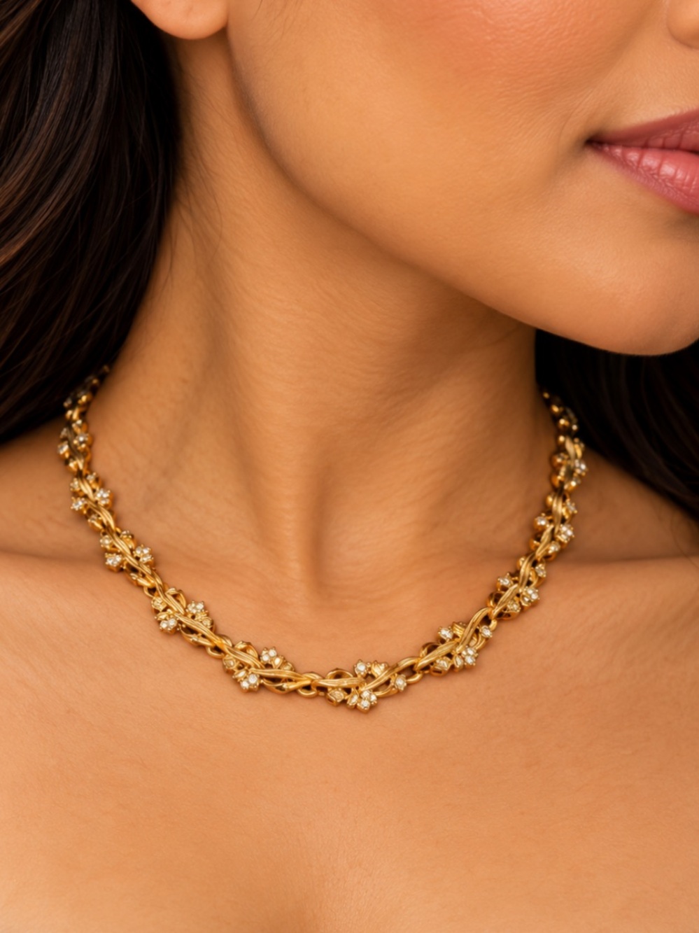 Trifari Gold Floral Chain Necklace